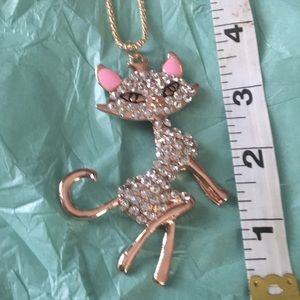 Gold jeweled cat necklace with pink ears